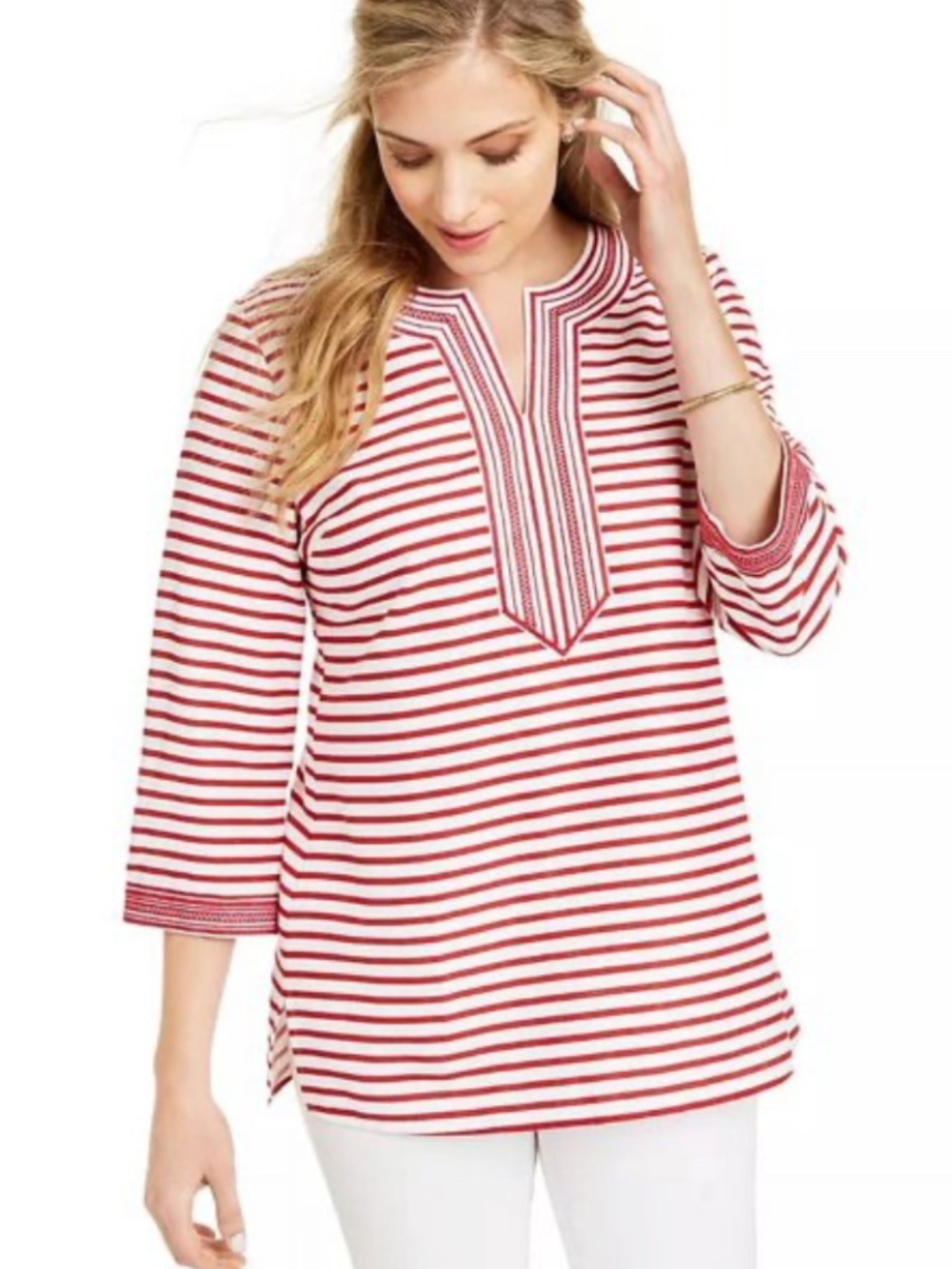 Charter Club Women's Embroidered Striped Linen Blend Tunic Red XL 3/4 Sleeves